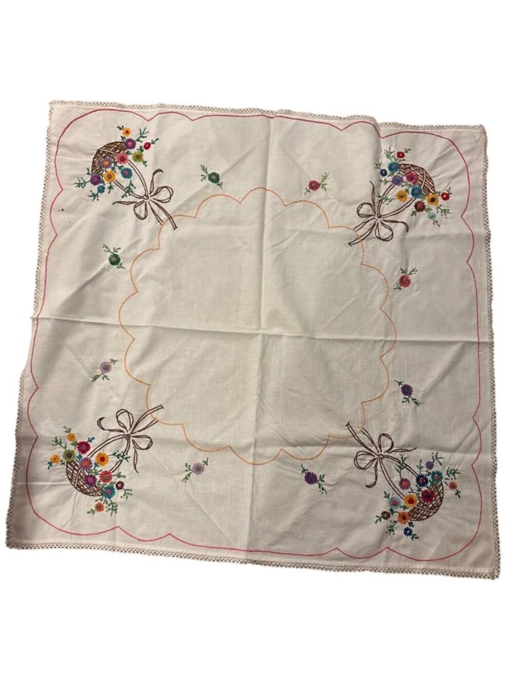 Hand Embroidered Linen Tablecloth Vintage Floral Basket Scalloped Edges 34 x 34"